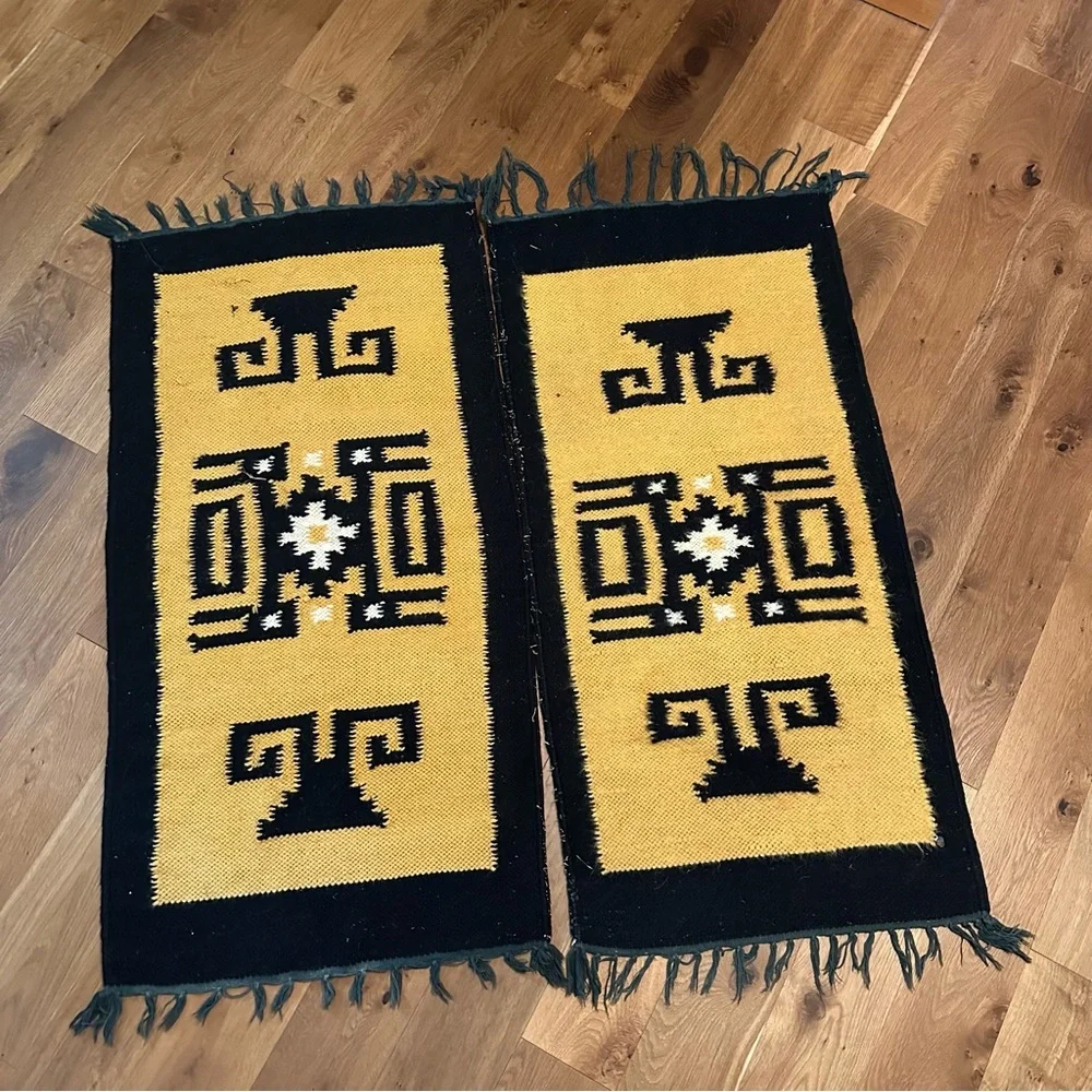Bundle of‎ wool rugs vintage mustard yellow black boho western runner woven